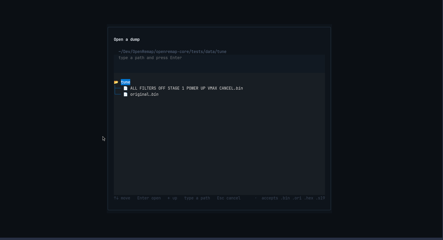 The picker, open on a folder of dumps